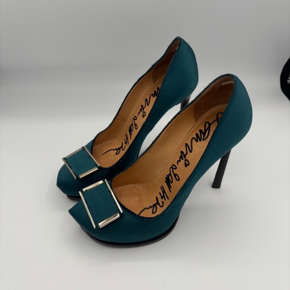 Lanvin Platform Pumps Women Sz 39 Teal Satin Buckle Stiletto Heel Luxury